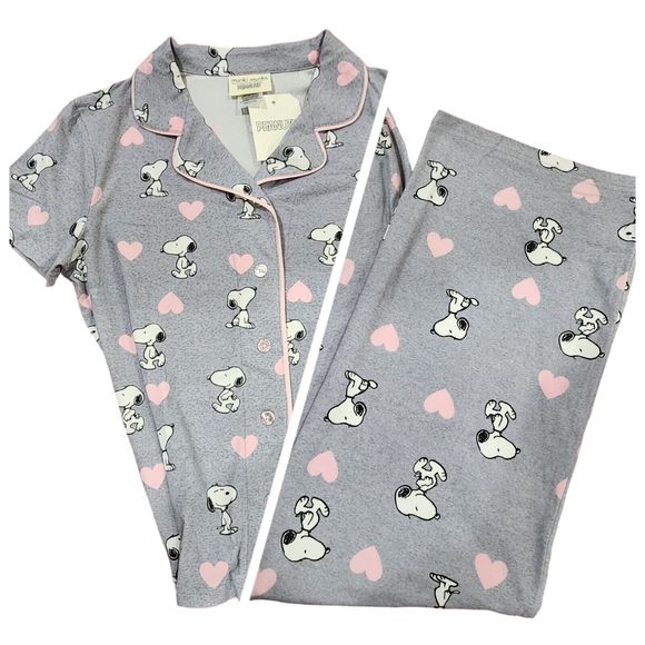 Womens‎ Valentines Day Peanuts Snoopy Gray Pajama Set With Pink Hearts Size L - Picture 1 of 15
